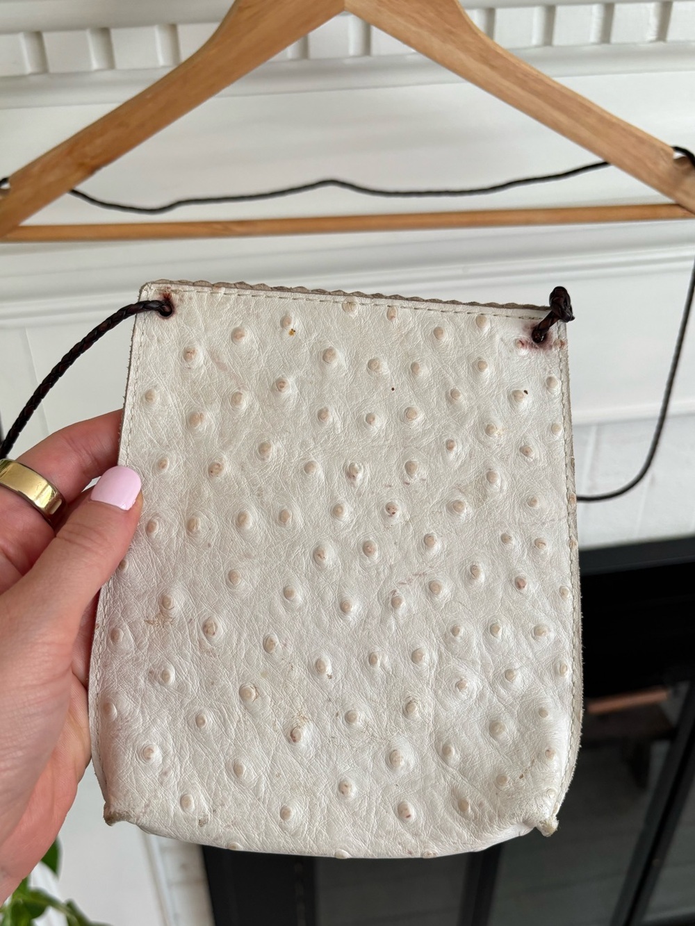 B. MAY White Ostrich Leather Crossbody Phone Pouch Bag